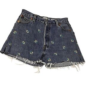 HTF RE/DONE x LEVI'S HIGH RISE Denim Jean Shorts Embroidered Floral Indigo SZ 24